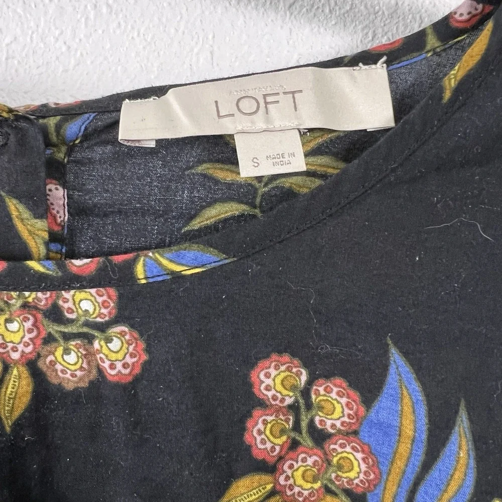 LOFT Womens Black‎ Floral Cotton Puff Sleeve Button Back Blouse Top Small